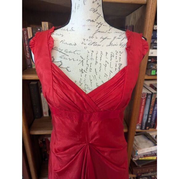 Celine France Size 42 US 10 Red 100% Silk Midi Open Neck Dress Gown Back Zipper - Picture 2 of 7